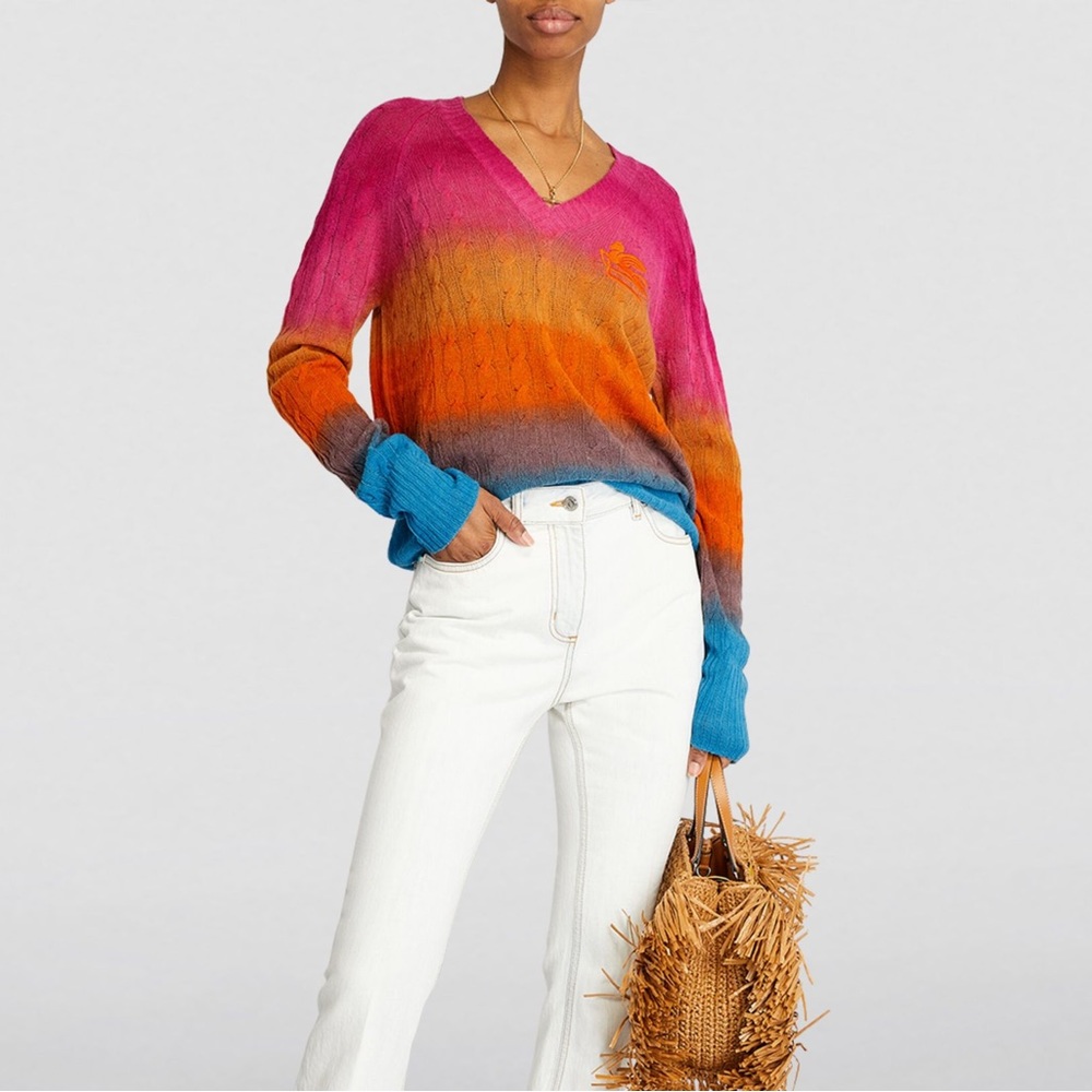 ETRO Pegasus embroidered striped cable knit wool sweater